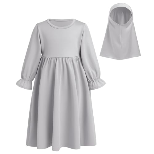 ODASDO Newborn Infant Baby Girls Muslim Abaya Prayer Dress, Toddler Kids Long Sleeve Maxi Islamic Kaftan Dress with Hijab Two Piece Set Middle East Arabian Dubai Robe Ramadan Eid Party Clothes Gray 6-12M - Image 2