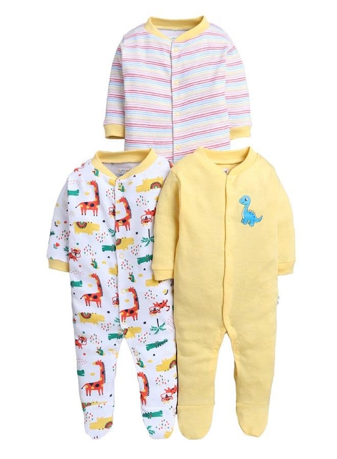 BUMZEE طقم بيجامات نوم قطنية بأكمام طويلة للأولاد من بامزي، مكون من 3 قطع، باللونين الأصفر والأبيض - من 6 إلى 9 أشهر (Peb11019D-ylw) - Image 1