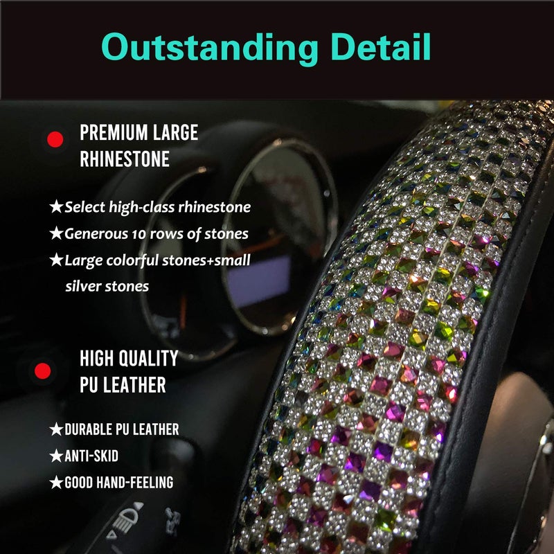 PINCTROT Bling Bling Comfy Steering Wheel Cover with Jumbo Crystal Rhinestones, Anti-Slip Diamond Leather, Universal 15 Inch (Colorful) - Image 3