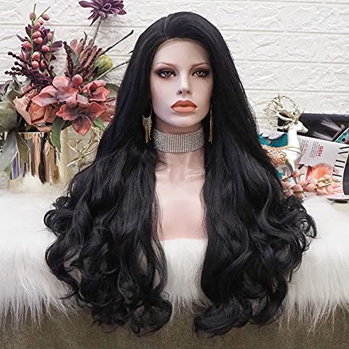 IMSTYLE 26 Inches Black Lace Front Wig Natural Long Wavy Synthetic Hair Wig for Cosplay Party Halloween black