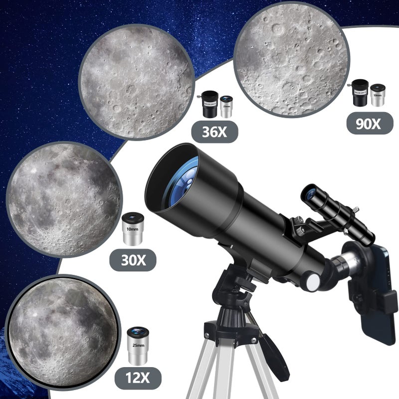 Mijiao Telescope for Adults, 70mm Aperture 400mm Travel Telescopes with Finder Scope Adjustable Tripod Phone Adapter Backpack Portable Refractor Telescope Kits for Astronomy Beginners, Kids (Black) - Image 4
