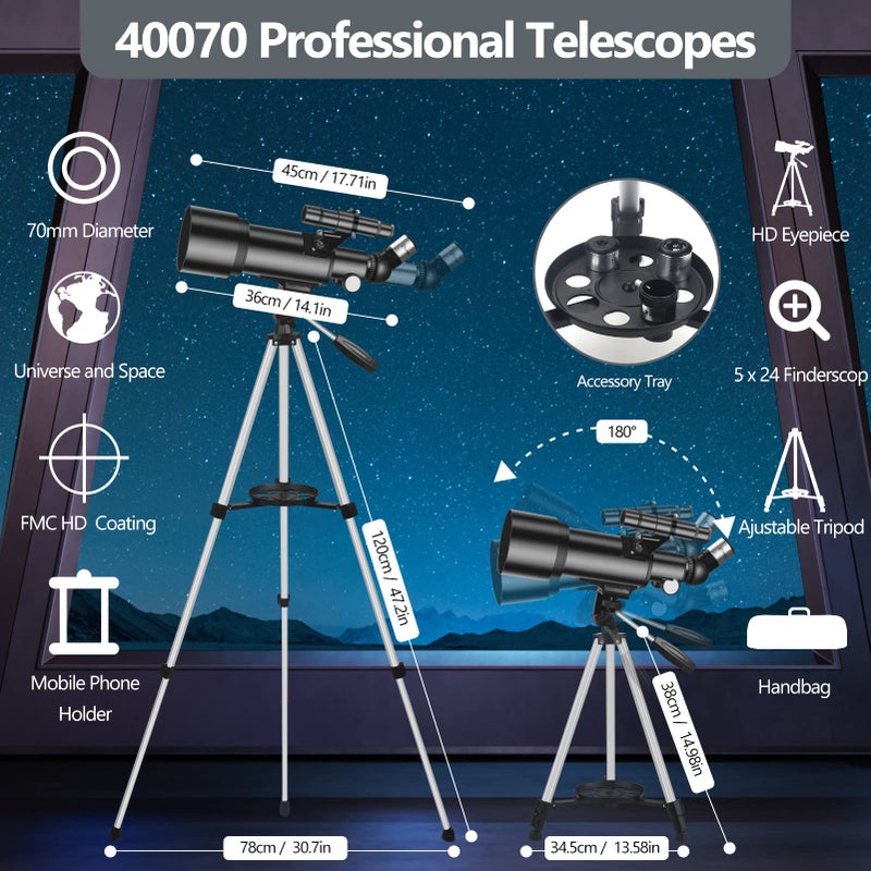 Mijiao Telescope for Adults, 70mm Aperture 400mm Travel Telescopes with Finder Scope Adjustable Tripod Phone Adapter Backpack Portable Refractor Telescope Kits for Astronomy Beginners, Kids (Black) - Image 2