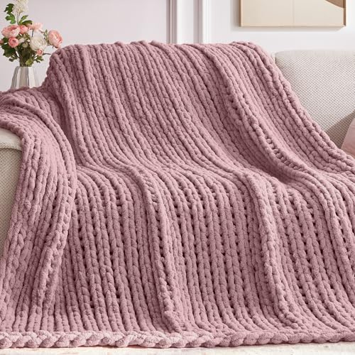 Negwoo Chunky Knit Throw Blanket, 50''*60'' Knitted Throw Chenille Yarn for Bed Couch, Handmade Muted Pink Crochet Big Thick Blanket, Machine Washable Cute Comfy Blanket for Home Decor - Image 5