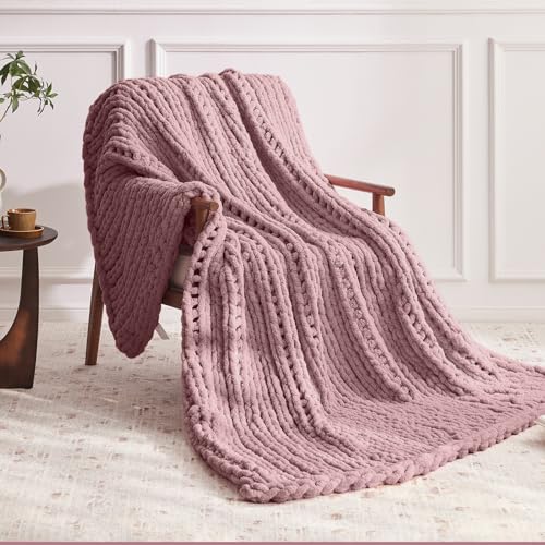 Negwoo Chunky Knit Throw Blanket, 50''*60'' Knitted Throw Chenille Yarn for Bed Couch, Handmade Muted Pink Crochet Big Thick Blanket, Machine Washable Cute Comfy Blanket for Home Decor - Image 1