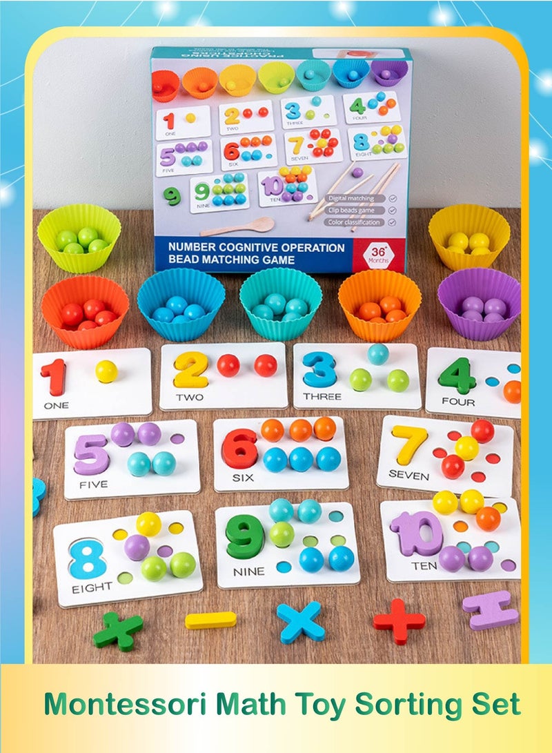 Montessori Math Toy - Wooden Bead Sorting Set with Tongs & Number Cards, Fine Motor Skills Activity for Toddlers - Image 1