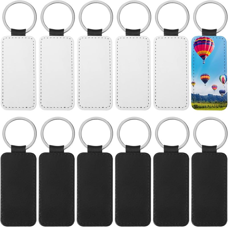 12 Pcs Blank Sublimation Keychains With Metal Rings, Rectangular Pu Leather Design For Diy Projects, Customizable Keychains - Image 1