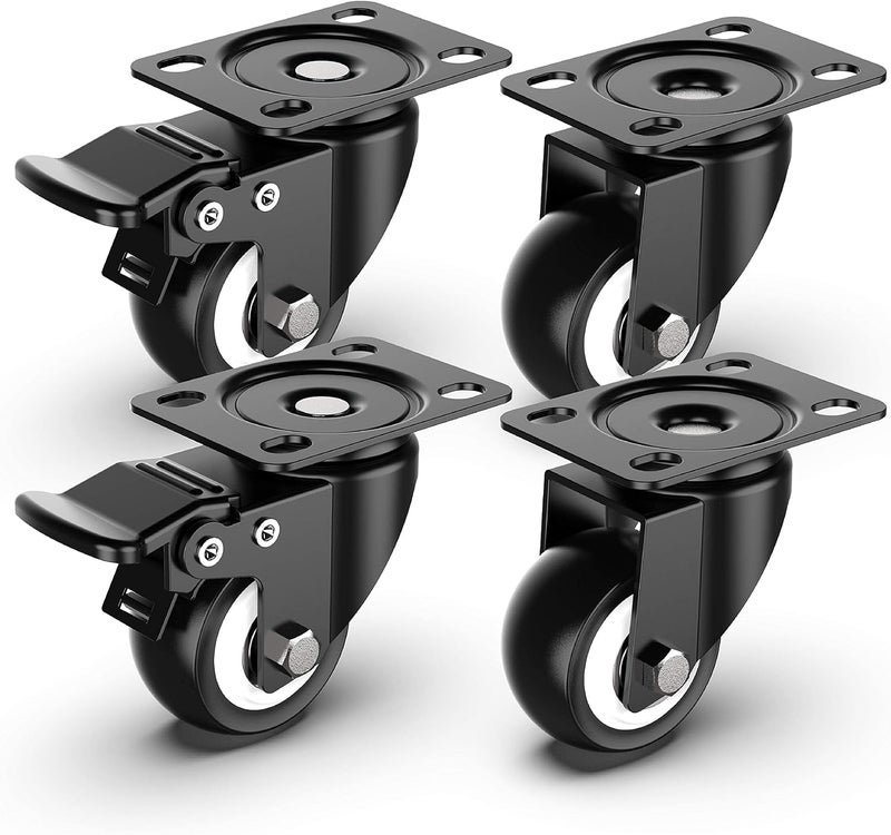 KASTWAVE 2 Inch Swivel Caster Wheels, Heavy Duty Plate Casters with Safety Brake Total Capacity 600lbs, 360 Degree Rotation Pulley for Set of 4 (2 with Brakes and 2 without) - Image 1