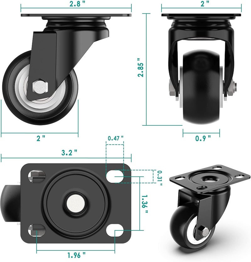 KASTWAVE 2 Inch Swivel Caster Wheels, Heavy Duty Plate Casters with Safety Brake Total Capacity 600lbs, 360 Degree Rotation Pulley for Set of 4 (2 with Brakes and 2 without) - Image 5