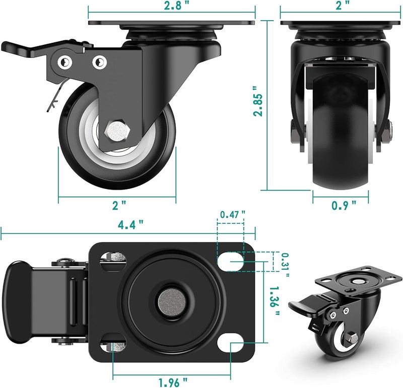 KASTWAVE 2 Inch Swivel Caster Wheels, Heavy Duty Plate Casters with Safety Brake Total Capacity 600lbs, 360 Degree Rotation Pulley for Set of 4 (2 with Brakes and 2 without) - Image 4