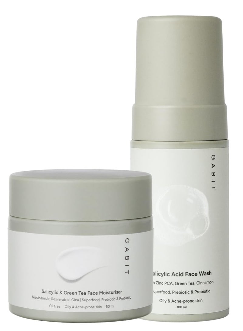 GABIT Oily Skin Essentials Kit for Oily & Acne Prone Skin | Salicylic Acid Face Wash, Salicylic & Green Tea Face Moisturizer | Reduces Breakouts, Open pores, Blackheads, Whiteheads| Women & Men, 150ml - Image 1