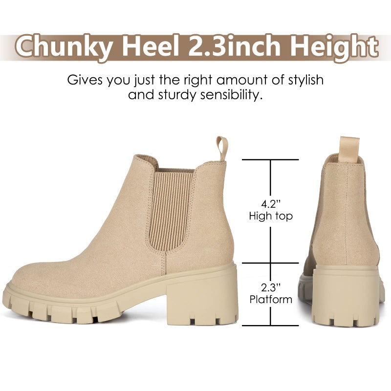 Athlefit Women's Chelsea Boots Fashion Lug Sole Chunky Heel Slip on Elastic Ankle Nude Booties Size 7 - Image 3