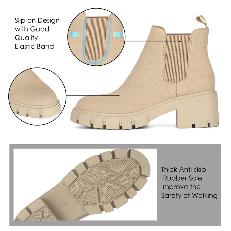 Athlefit Women's Chelsea Boots Fashion Lug Sole Chunky Heel Slip on Elastic Ankle Nude Booties Size 7 - Image 4