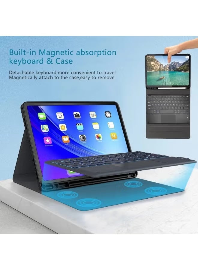 بينكساما حافظة لوحة مفاتيح باللغتين العربية والإنجليزية لجهاز iPad الجيل العاشر (2022، 10.9 بوصة) / iPad الجيل الحادي عشر (2025، 11 بوصة)، حامل لوحة مفاتيح لاسلكية قابلة للفصل مع حامل قلم، وإضاءة خلفية ثلاثية الألوان، ولوحة تتبع متعددة اللمس - Image 2