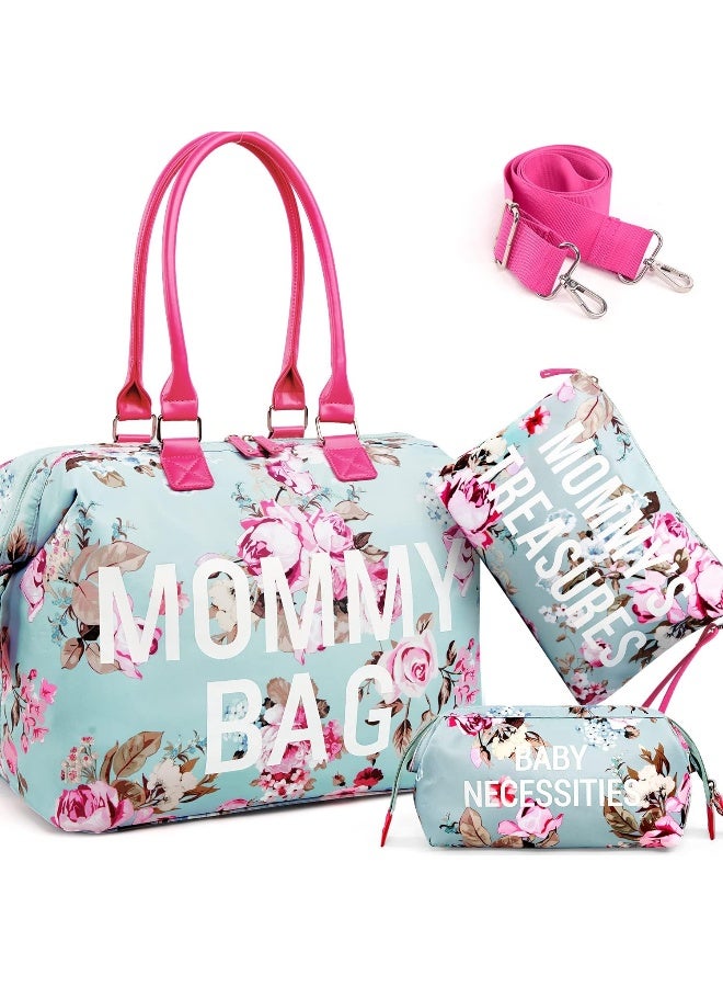 LitBear Mommy Hospital Bag for Labor and Delivery, Large Capacity Waterproof Multifunction Overnight Bag for Women, Mom Bag with Straps (Blue Floral) - Image 1