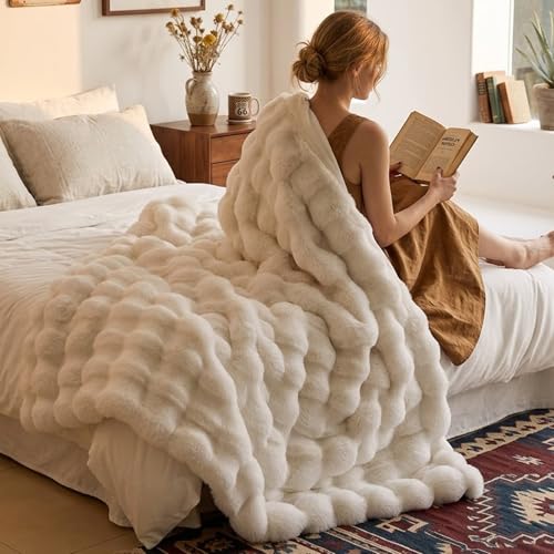 Fruaros Luxury Double-Sided 3D Bubble Faux Fur Throw Blanket – Ultra Plush & Fluffy Cream White Cozy Blanket for Couch, Sofa & Bed | Soft Gift for Women, Birthday, Housewarming, 50" x 60" - Image 2