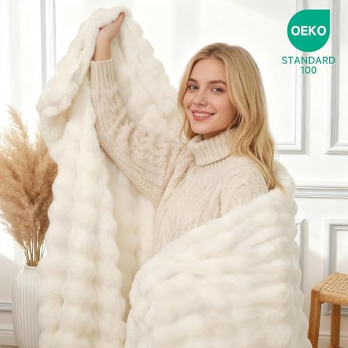 Fruaros Luxury Double-Sided 3D Bubble Faux Fur Throw Blanket – Ultra Plush & Fluffy Cream White Cozy Blanket for Couch, Sofa & Bed | Soft Gift for Women, Birthday, Housewarming, 50" x 60" - Image 5