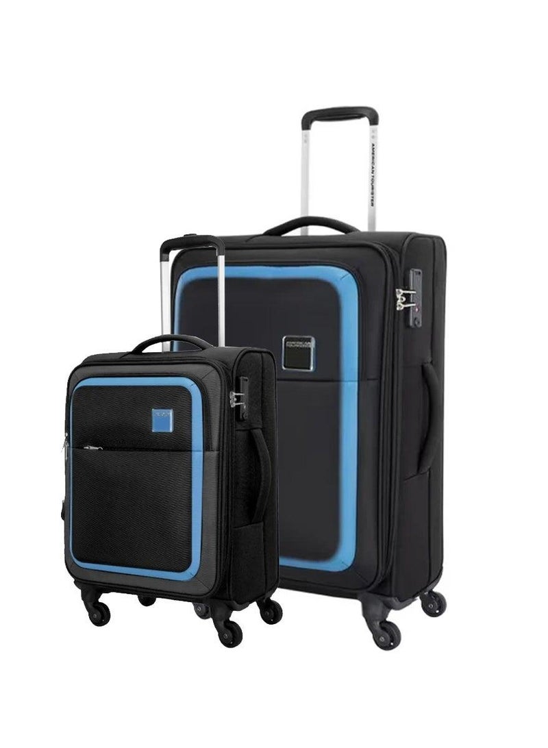 AMERICAN TOURISTER seville suitcase, 2pc set (57 + 69 cm), 4 wheels, soft top, polyester, black|tsa lock|front storage compartment|inner mesh zippered pocket - 3 years international warranty - Image 1