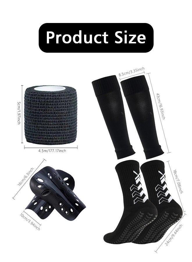 GIFT 1 Pair Mens Grip Soccer Socks, 1 Pair Shin Sleeves with 1 Pack Shin Guards and 4 Shin Straps, Soccer Game Set 4 Pcs, Reduce Shocks and Injuries(Black) - Image 2