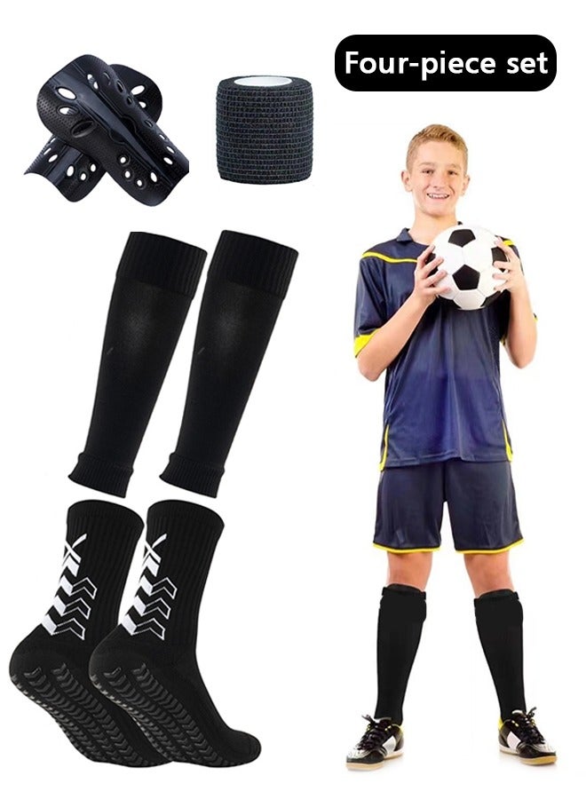 GIFT 1 Pair Mens Grip Soccer Socks, 1 Pair Shin Sleeves with 1 Pack Shin Guards and 4 Shin Straps, Soccer Game Set 4 Pcs, Reduce Shocks and Injuries(Black) - Image 1
