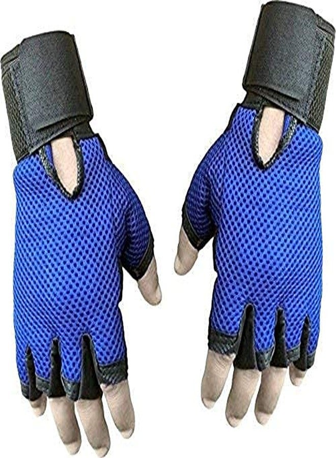 ZaySoo Leather Padded Palm Support Sport Gym Gloves with Long Wrist Support - Blue - Image 1