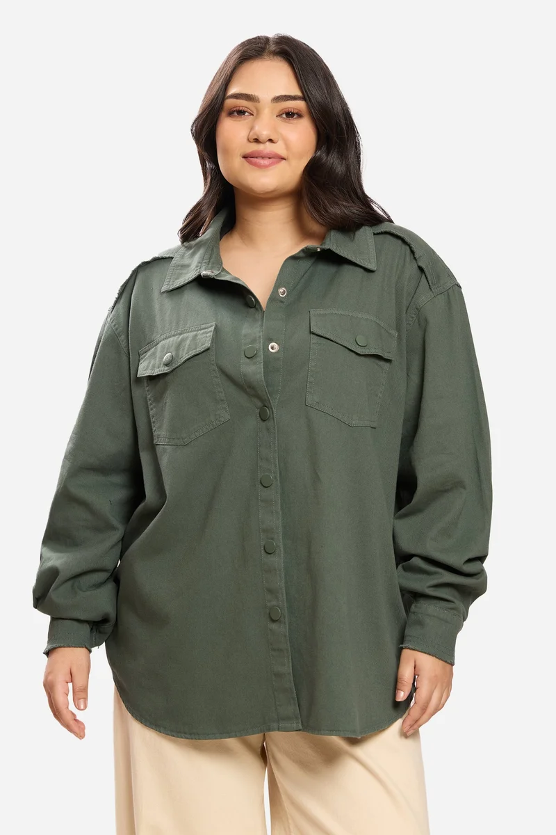 Virgio Solid Cotton Washed Utility Plus Size Shirt for Women
