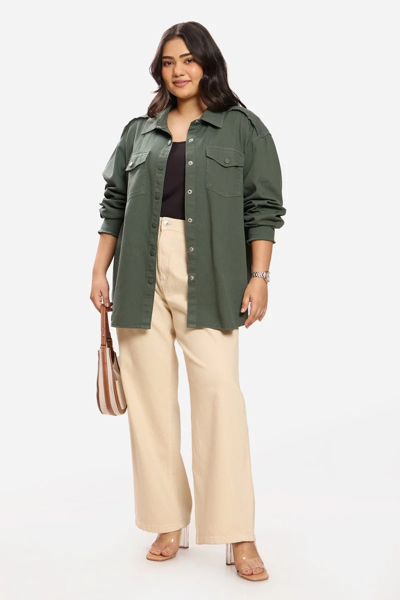 فيرجيو Solid Cotton Washed Utility Plus Size Shirt for Women