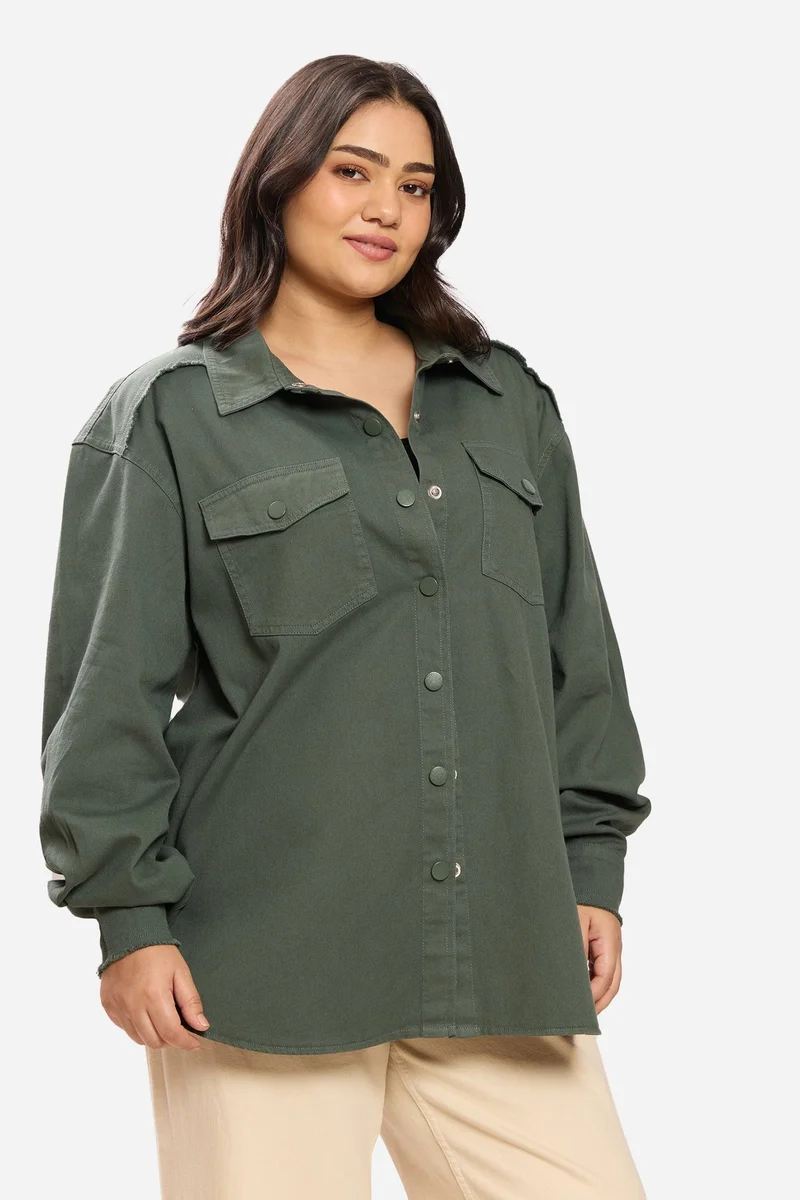 Virgio  Solid Cotton Washed Utility Plus Size Shirt for Women for Women | Best Price UAE