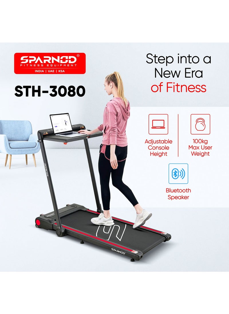 Sparnod Fitness STH-3080: Walking Pad & Treadmill, 2.0Hp Peak Dc Motor, Compact & Foldable, Detachable Desk, Dual Led, 12 Pre-Set Programs, Watch Remote, Bluetooth Speakers, Built-In Wheels  - Image 2