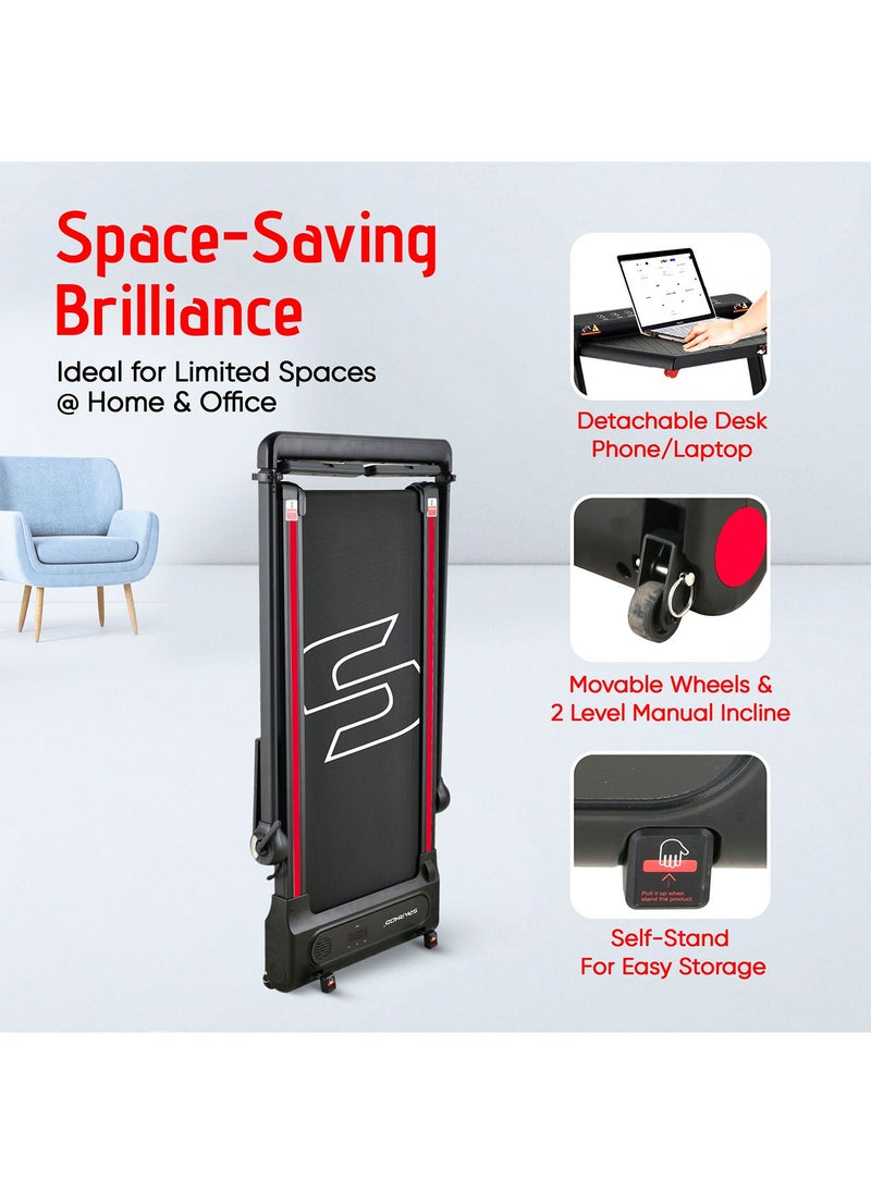 Sparnod Fitness STH-3080: Walking Pad & Treadmill, 2.0Hp Peak Dc Motor, Compact & Foldable, Detachable Desk, Dual Led, 12 Pre-Set Programs, Watch Remote, Bluetooth Speakers, Built-In Wheels  - Image 4