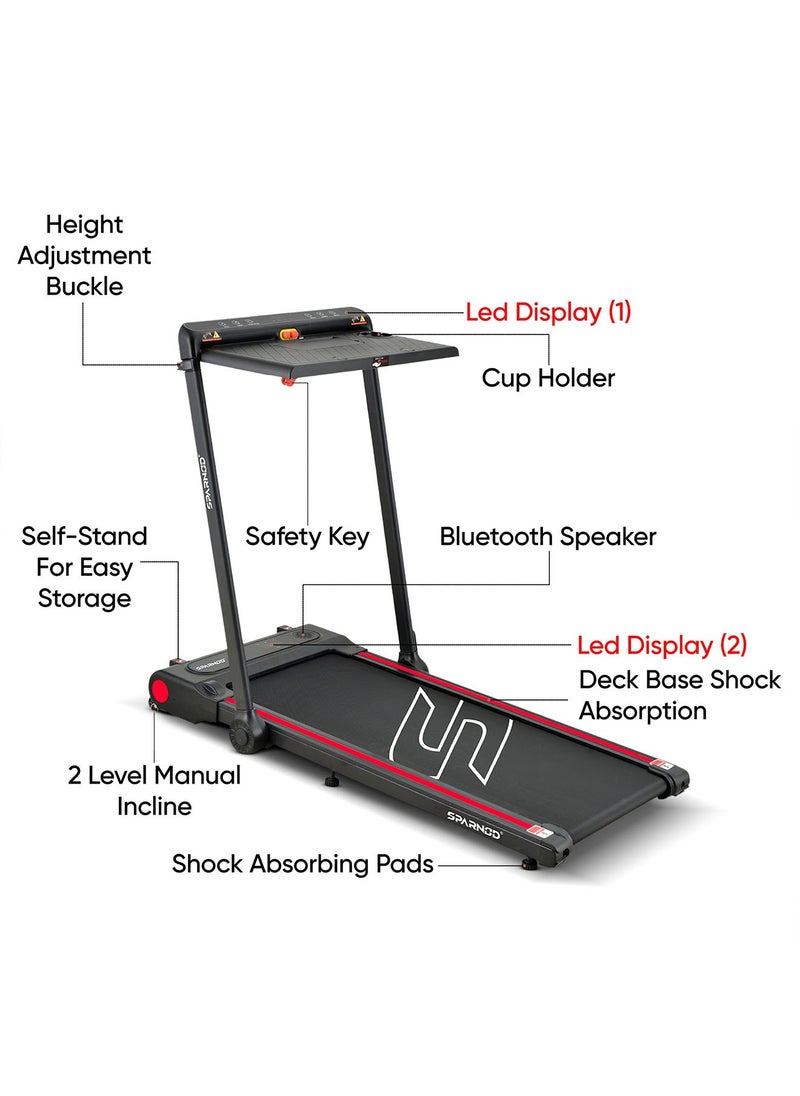 Sparnod Fitness STH-3080: Walking Pad & Treadmill, 2.0Hp Peak Dc Motor, Compact & Foldable, Detachable Desk, Dual Led, 12 Pre-Set Programs, Watch Remote, Bluetooth Speakers, Built-In Wheels  - Image 5