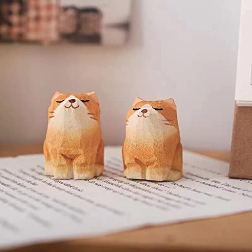 ALHBEJT Wooden Cat Figurines Sculpture Statue Lovely Small Carved Orange Cat Statue Handmade Wood Kitten Art Carving Work for Home Office Decoration (Little Orange Cat) - Image 3