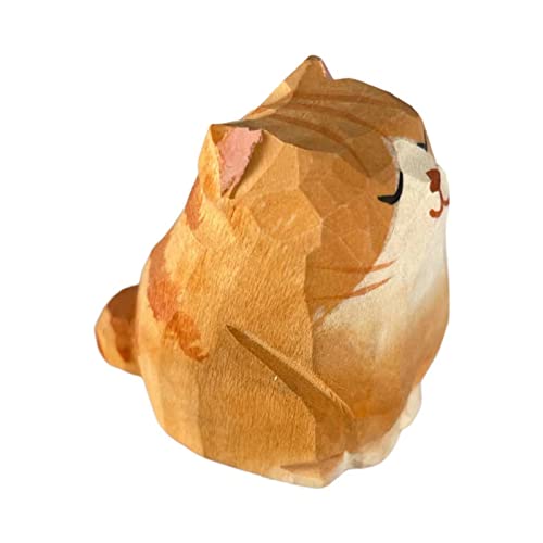 ALHBEJT Wooden Cat Figurines Sculpture Statue Lovely Small Carved Orange Cat Statue Handmade Wood Kitten Art Carving Work for Home Office Decoration (Little Orange Cat) - Image 1