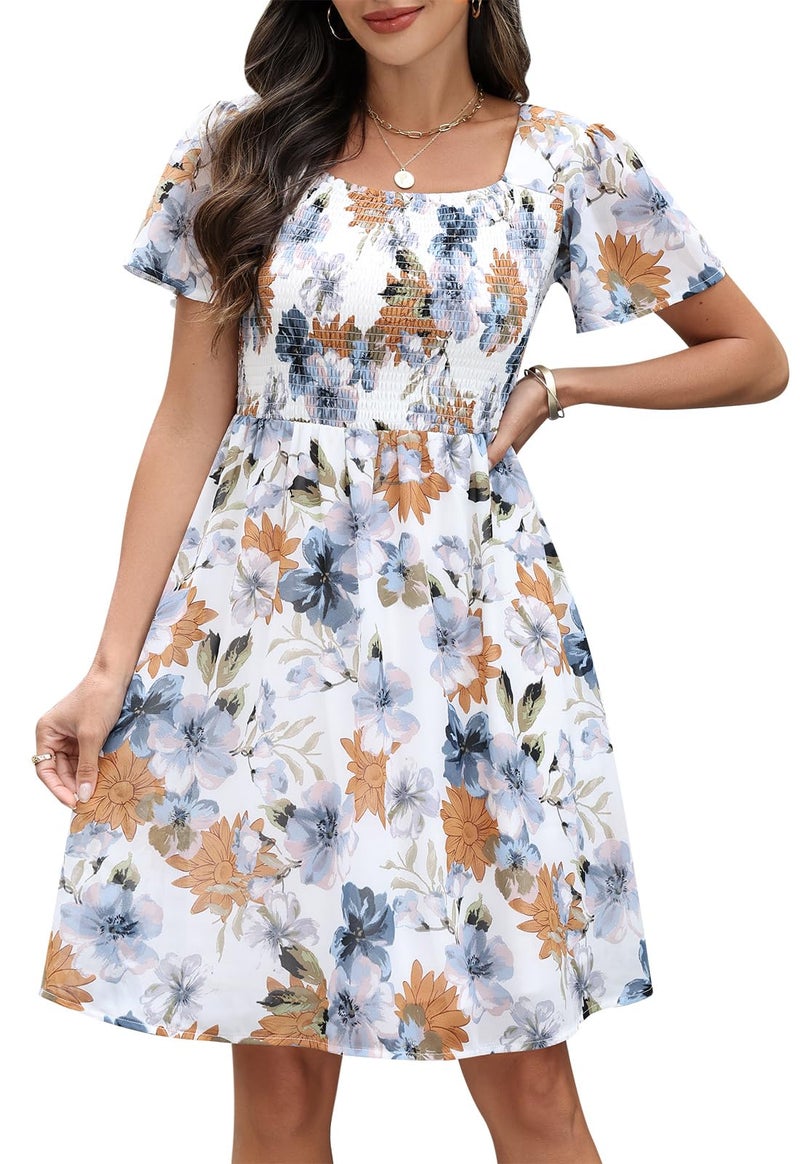 Manydress Women's Casual Summer Smocked Floral Print Chiffon Flowy Skater Cute Boho Dress MY338 (White Print, L) - Image 1