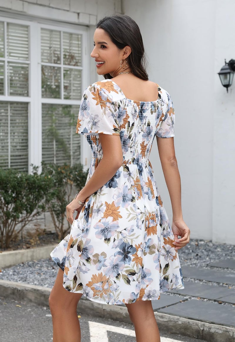 Manydress Women's Casual Summer Smocked Floral Print Chiffon Flowy Skater Cute Boho Dress MY338 (White Print, L) - Image 2