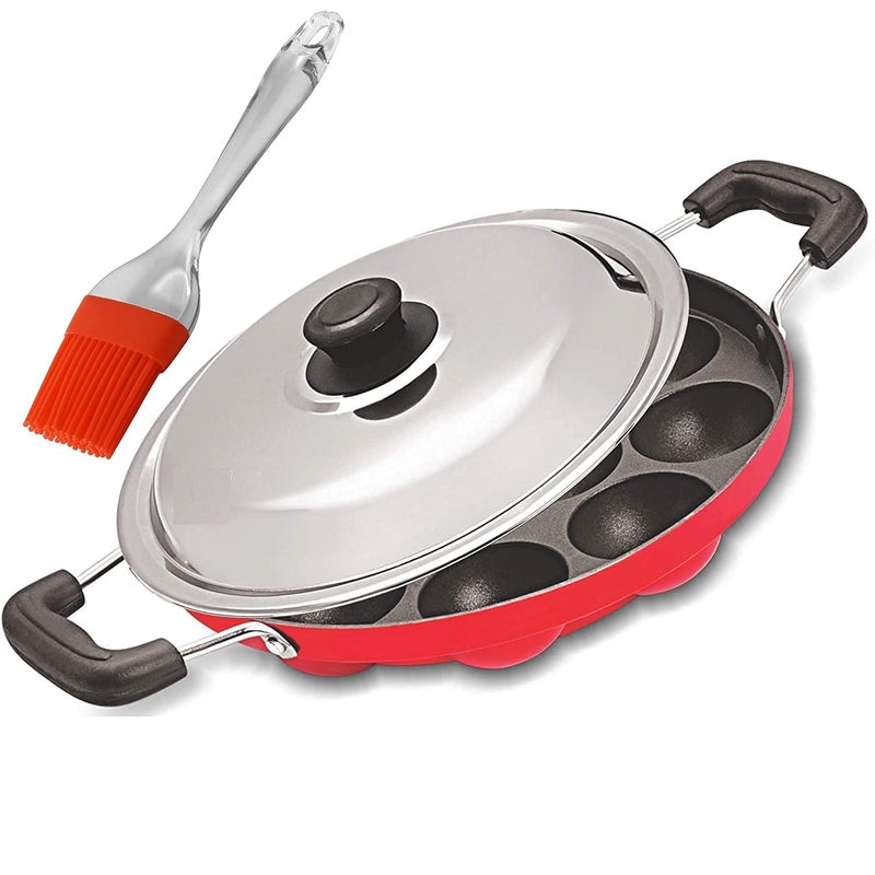 KD ZONE Aluminium Non-Stick 12 Cavities Appam Patra with Lid Oil Brush and Scrub Paniyarrakal Paniyaram Appam Maker (Black, Red) - Image 1