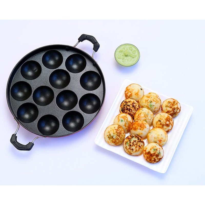 KD ZONE Aluminium Non-Stick 12 Cavities Appam Patra with Lid Oil Brush and Scrub Paniyarrakal Paniyaram Appam Maker (Black, Red) - Image 2