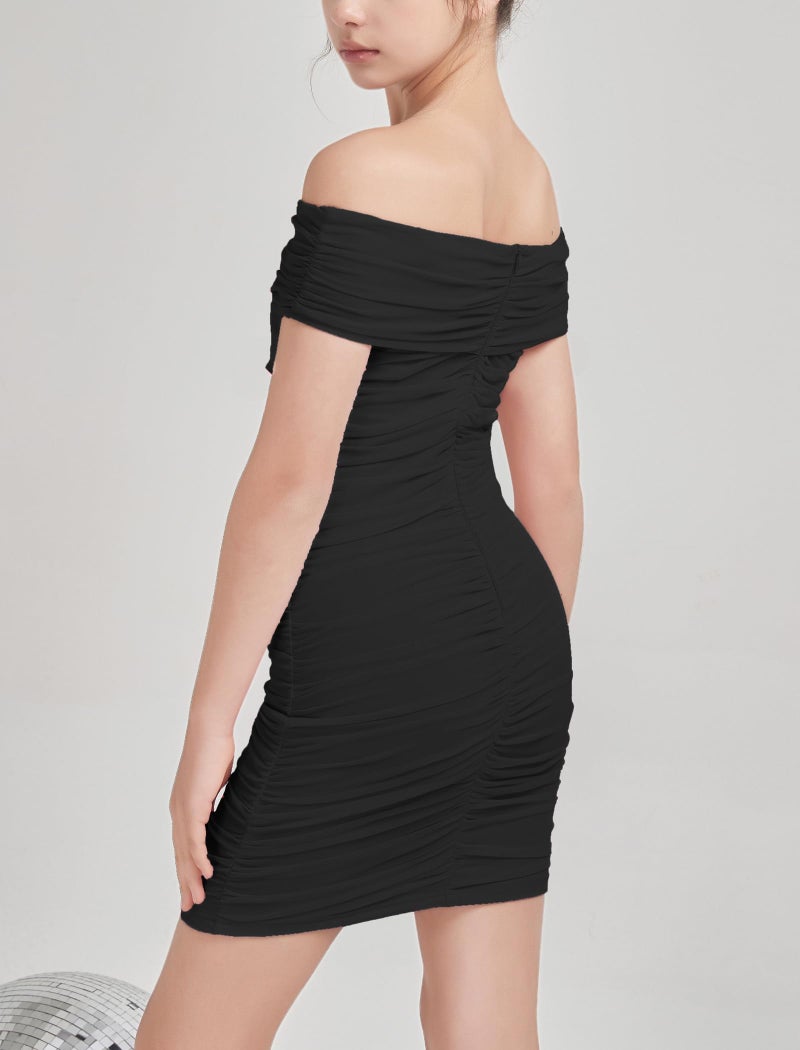 EXARUS Girls Bodycon Dresses Off The Shoulder Mini Tight Ruched Sleeveless Dress Pencil Formal Halloween Party Dance Special Occasion Winter Prom Birthday Black 14Y - Image 3