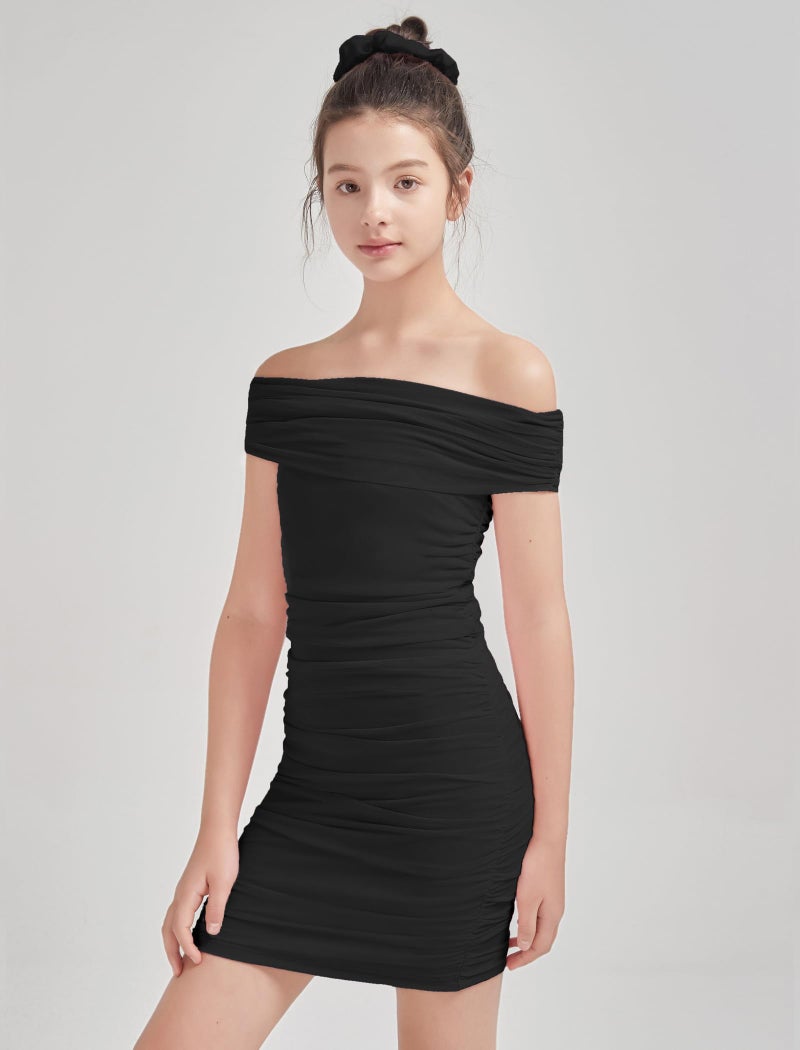 EXARUS Girls Bodycon Dresses Off The Shoulder Mini Tight Ruched Sleeveless Dress Pencil Formal Halloween Party Dance Special Occasion Winter Prom Birthday Black 14Y - Image 2