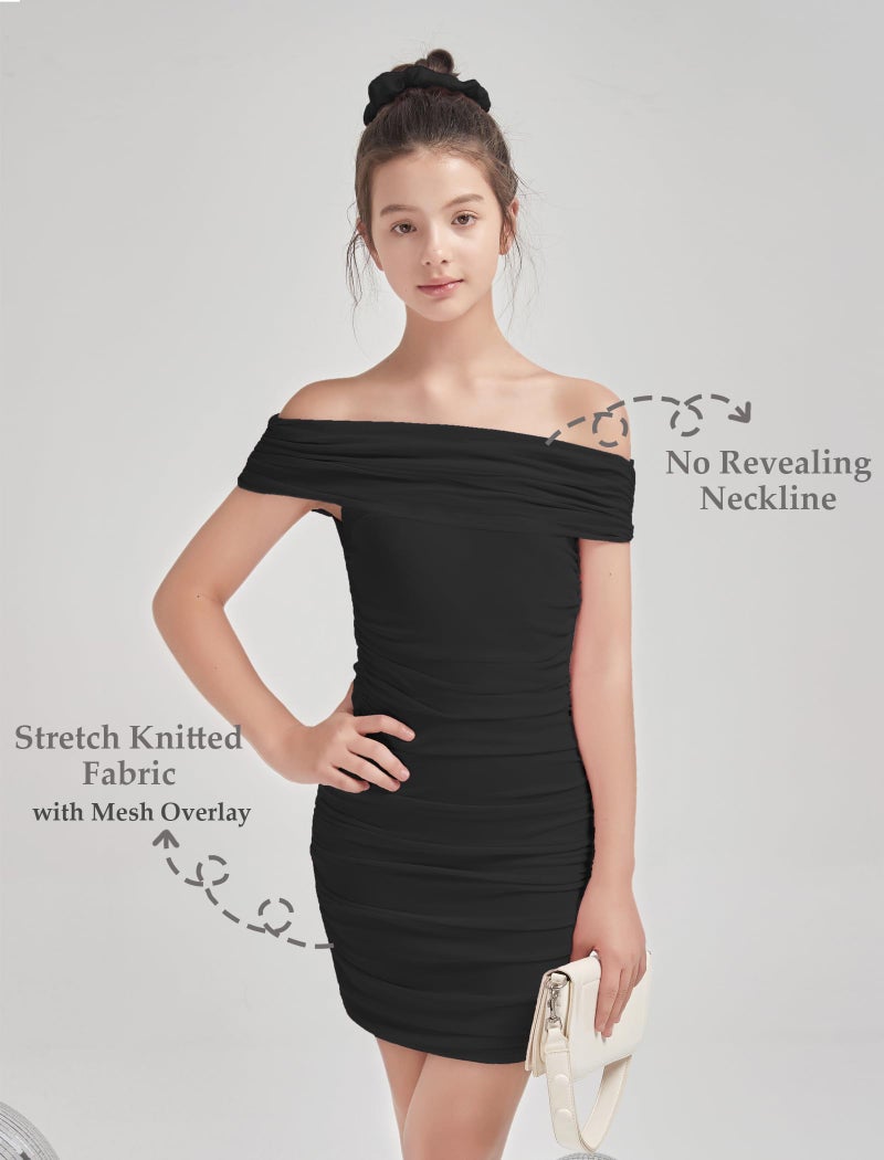 EXARUS Girls Bodycon Dresses Off The Shoulder Mini Tight Ruched Sleeveless Dress Pencil Formal Halloween Party Dance Special Occasion Winter Prom Birthday Black 14Y - Image 4