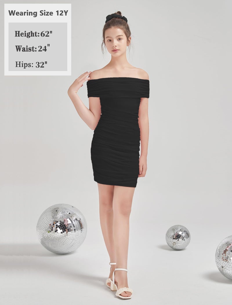 EXARUS Girls Bodycon Dresses Off The Shoulder Mini Tight Ruched Sleeveless Dress Pencil Formal Halloween Party Dance Special Occasion Winter Prom Birthday Black 14Y - Image 5