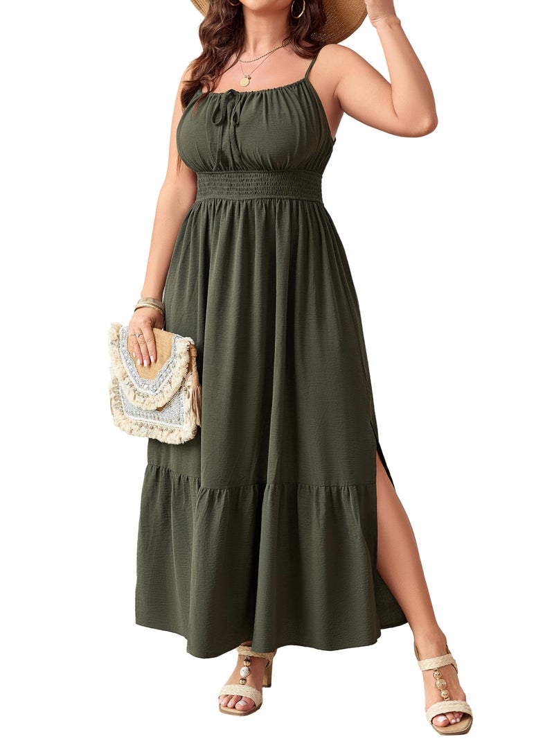 SCOMCHIC Plus Size Summer Boho Dresses Spaghetti Strap Sleeveless Casual Sundress Smocked Flowy Slit Beach Maxi Dress Green - Image 1