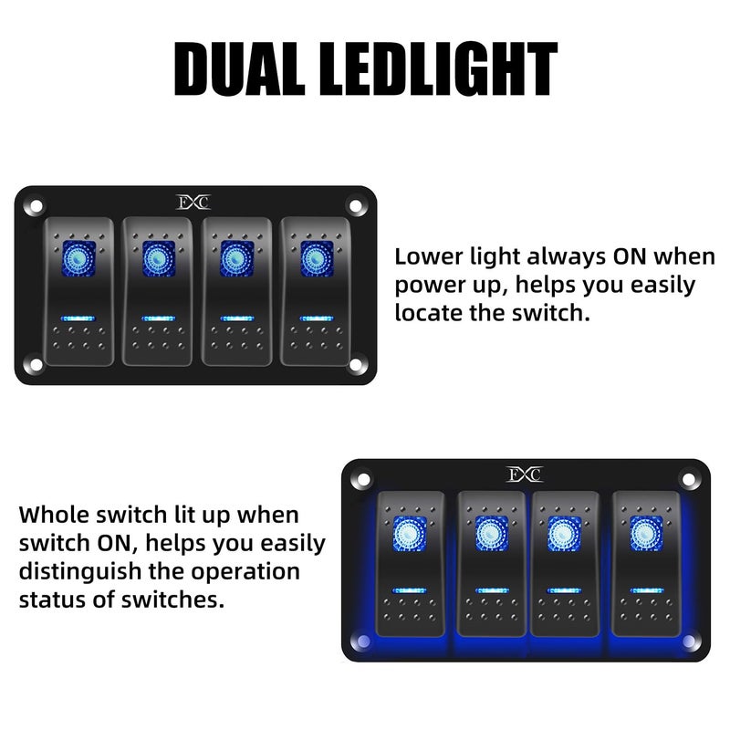 FXC Pre-Wired 4 Gang Rocker Switch Aluminum Panel with 40A Inline Fuse, Waterproof 6-Pin On-Off Car Boat Switch, Blue LED Switch Panel for Marine Boat Automotive RV Truck ATV Vehicles 12V/24V - Image 3