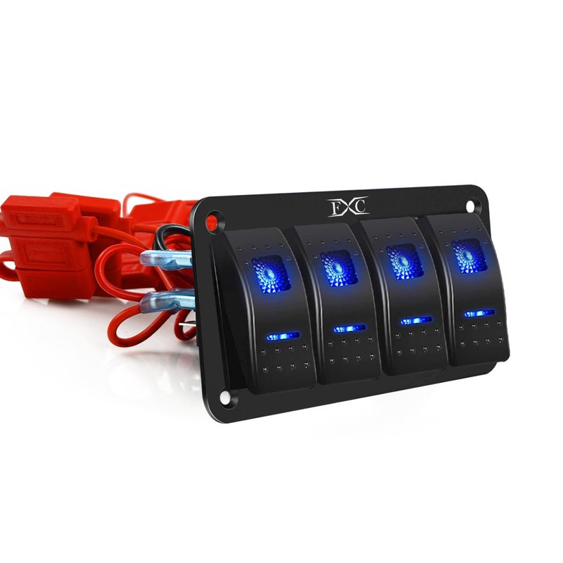 FXC Pre-Wired 4 Gang Rocker Switch Aluminum Panel with 40A Inline Fuse, Waterproof 6-Pin On-Off Car Boat Switch, Blue LED Switch Panel for Marine Boat Automotive RV Truck ATV Vehicles 12V/24V - Image 1