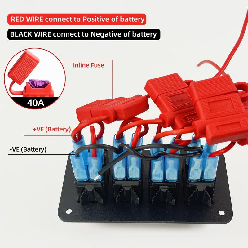 FXC Pre-Wired 4 Gang Rocker Switch Aluminum Panel with 40A Inline Fuse, Waterproof 6-Pin On-Off Car Boat Switch, Blue LED Switch Panel for Marine Boat Automotive RV Truck ATV Vehicles 12V/24V - Image 4