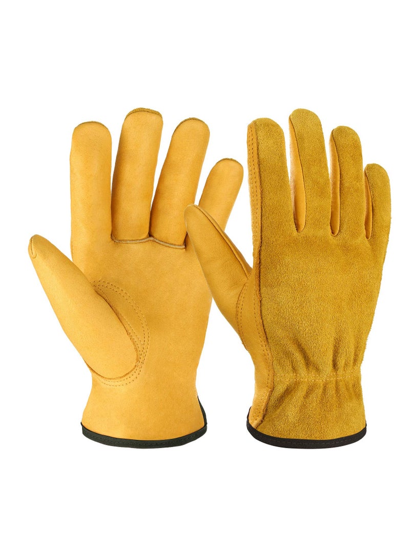 KASTWAVE Leather Work Gloves,  Heavy Duty Gardening Gloves, Tough Cowhide Garden Gloves Thorn Proof Work Gloves for Garden Tools Pruning Shears Bricklaying, Ladies and Men (Large, Gold, 1 Pairs)  - Image 1