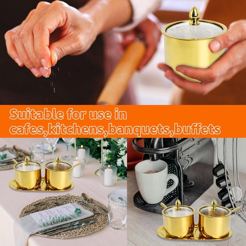 ACOSIY 2 Pack Gold Stainless Steel Sugar Bowl with Lid and Spoon, 10.5oz Small Sugar Container for Coffee Bar, Drum Shape Sugar Cube Holder, Spice Jars for Countertop, Kitchen Ghee Container (2) - Image 5
