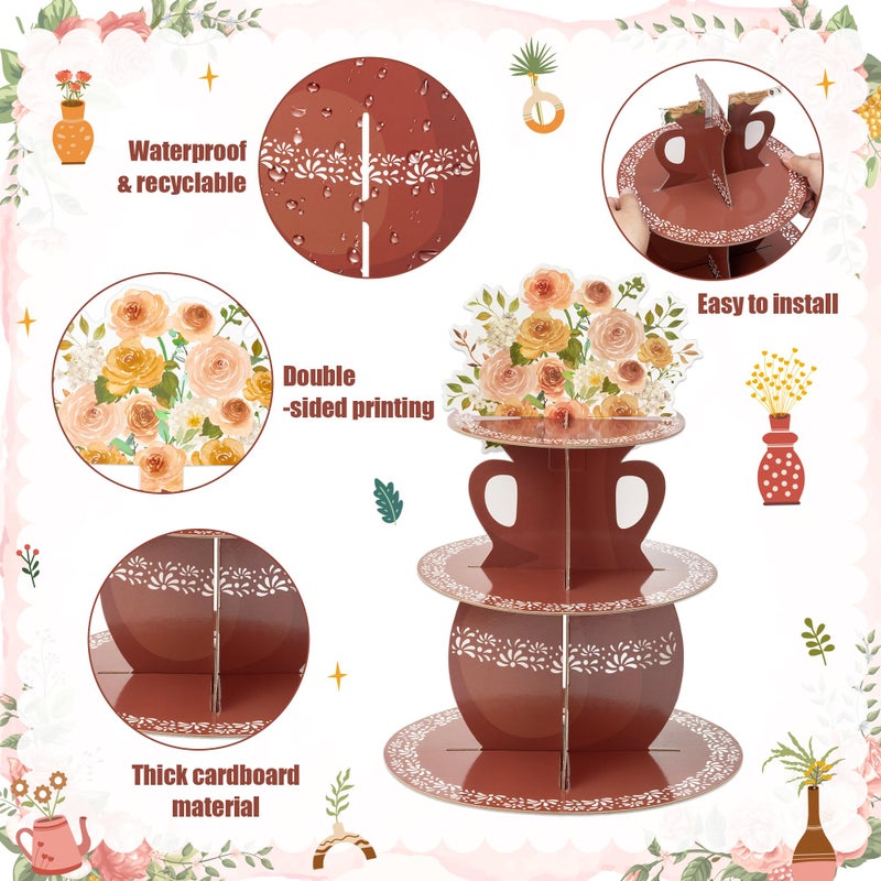 ANGOLIO De Barro Mexicanos Cupcake Stand Party Supplies - 3 Tier Mexican Flower Birthday Cupcake Tower Taco Dessert Holder Display Party Decorations for Wedding Baby Shower Birthday Fiesta (Brown) - Image 3