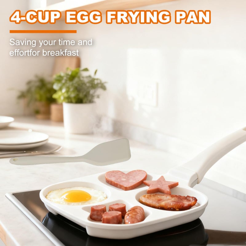COUEMT Nonstick 4-Cup Divided Grill Skillet,Equipped with a silicone spatula, Healthy Granite Egg Frying Pan with Anti-scald Handle, Breakfast Skillet for Eggs, Pancakes, Bacon (White) - Image 2