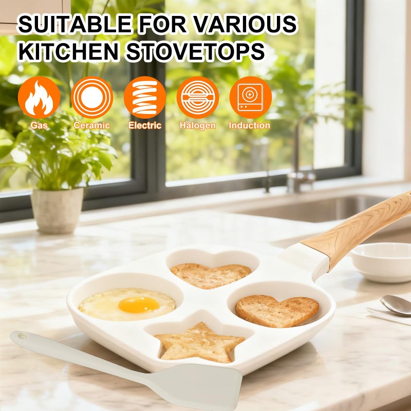 COUEMT Nonstick 4-Cup Divided Grill Skillet,Equipped with a silicone spatula, Healthy Granite Egg Frying Pan with Anti-scald Handle, Breakfast Skillet for Eggs, Pancakes, Bacon (White) - Image 3