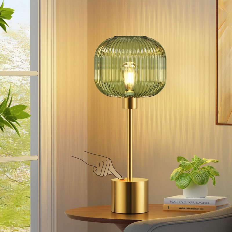 QiMH Glass Table Lamp for Living Room, Modern Bedside Lamp with Green Ribbed Glass Shade, 3-Way Dimmable Touch Control Nightstand Lamp for Bedroom, Brushed Gold (2700K LED Bulb Included) - Image 1